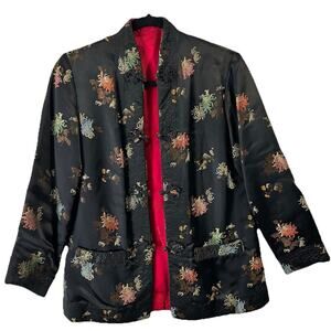 Vtg Reversible Oriental Embroidered Satin Jacket Kimono Blazer Trapunto stitch